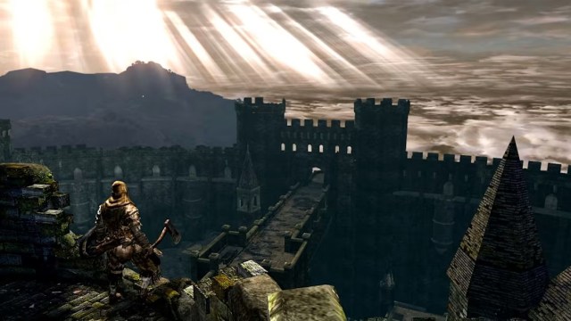 Capture d’écran de Dark Souls du personnage du joueur au sommet d’une grande tour