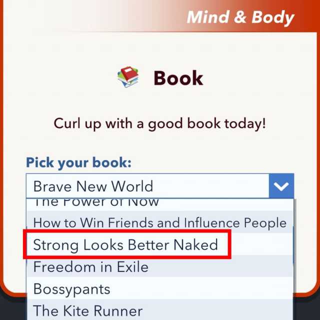 Menu d’options de livre BitLife Strong Looks Better Naked