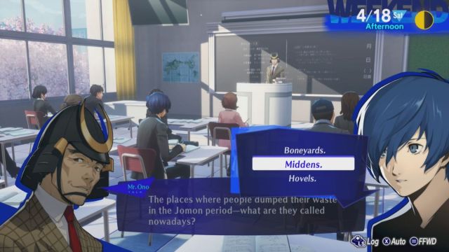 Capture d’écran de la réponse à la question de la classe de la période Jomon dans Persona 3 Reload.