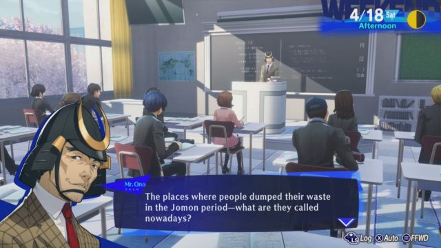 Capture d’écran de la question de la classe de la période Jomon dans Persona 3 Reload.