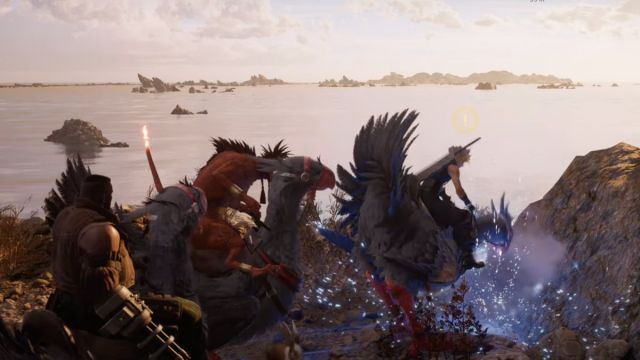 Capture d’écran de Cloud, Barret et Red XIII sur des chocobos dans Final Fantasy 7 Rebirth.