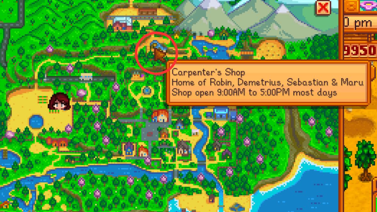 Capture d’écran de l’emplacement de la carte Carpenter’s Shop dans Stardew Valley.